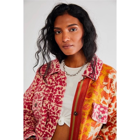 Free People Jackets & Blazers - Free People Ruby Jacket Mixed Print Fleece Shacket Red Orange XS